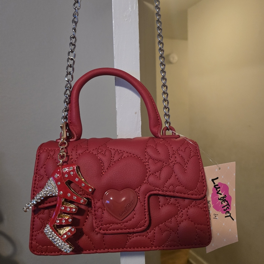 Red Betsey Johnson purse with high heel charm (included)